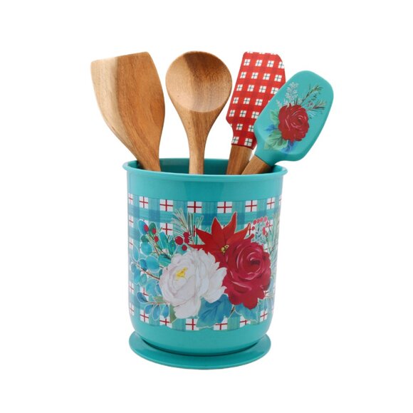Last One The Pioneer Woman Silicone and Wood Cooking Utensils Crock Set 5 Pieces - Picture 5 of 5